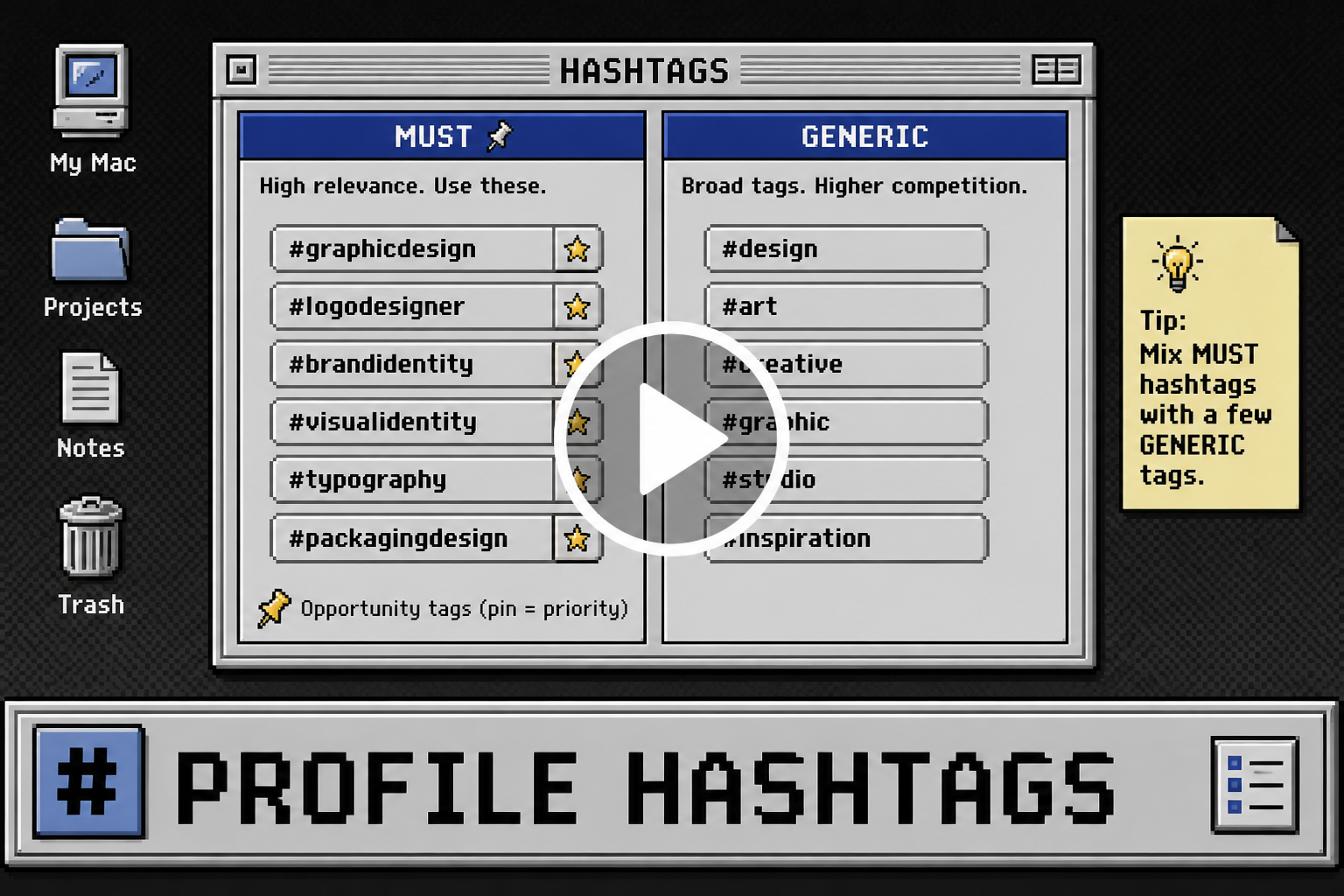 Creating the hashtags for the profile