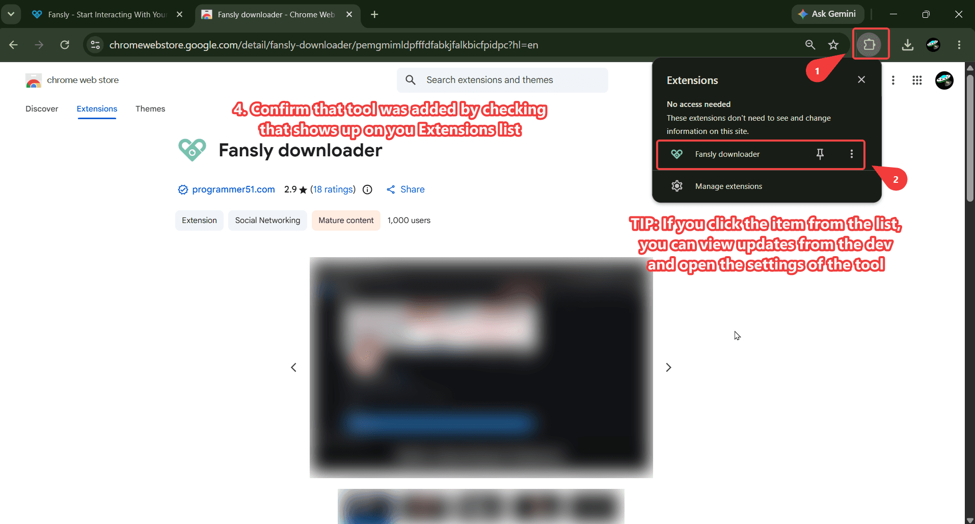 Fansly Downloader shown in the installed Chrome extensions list