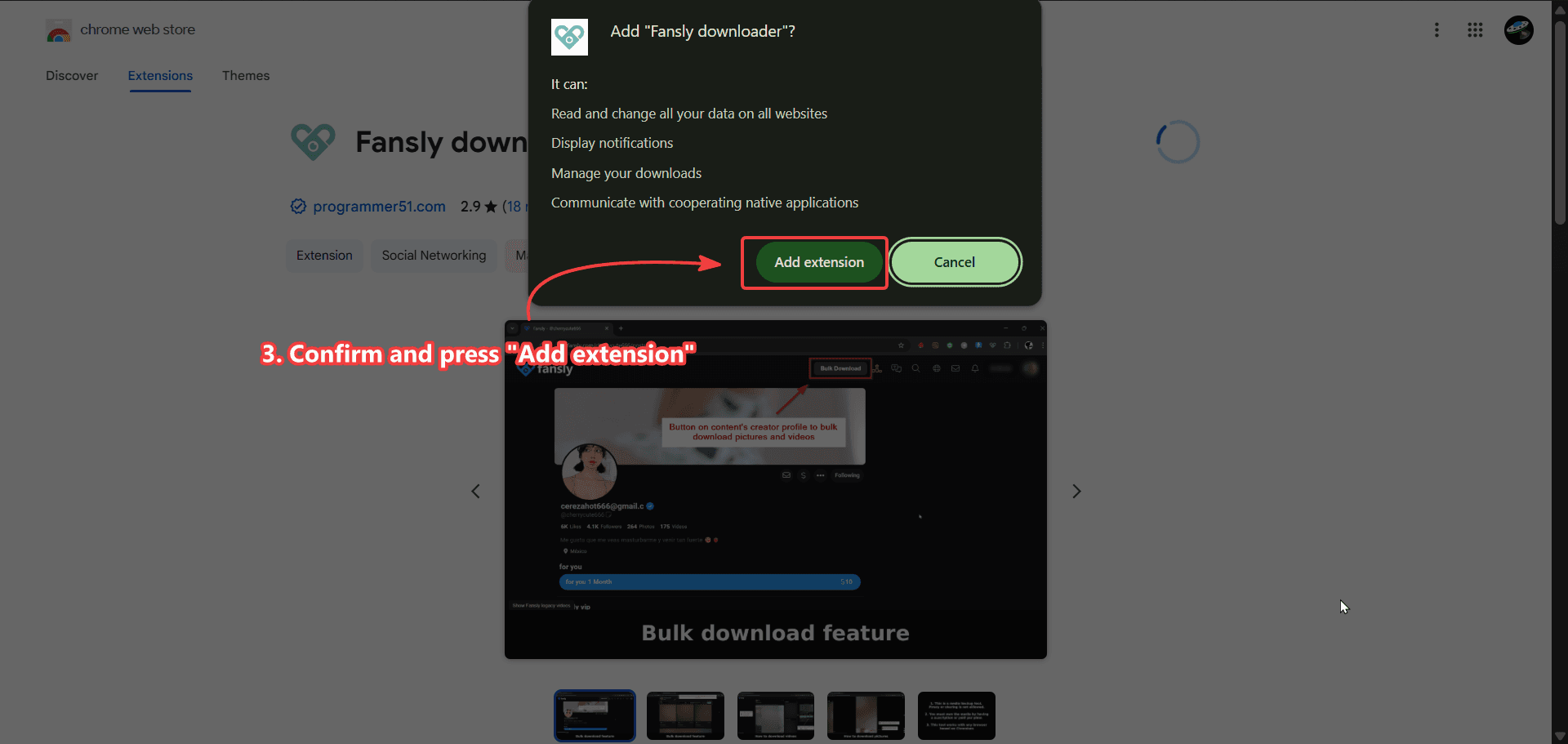 Chrome dialog asking to add the Fansly Downloader extension