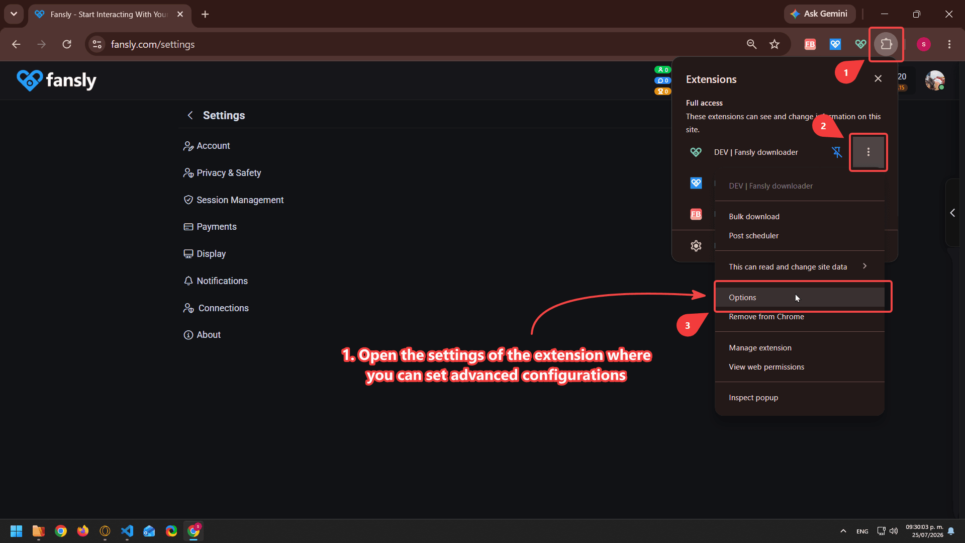 Chrome extensions menu showing how to open Fansly Downloader options