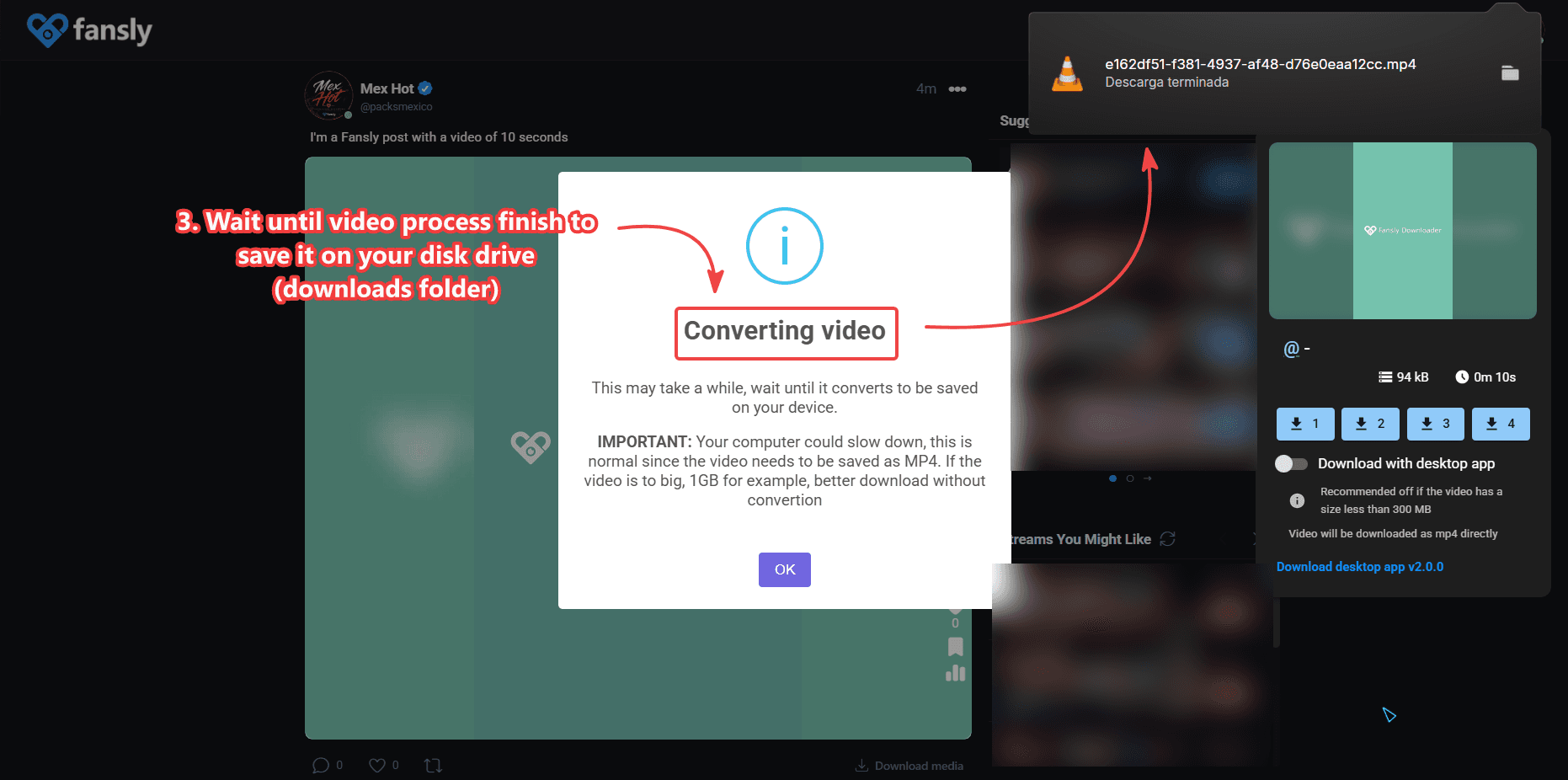 Video download processing progress in the extension