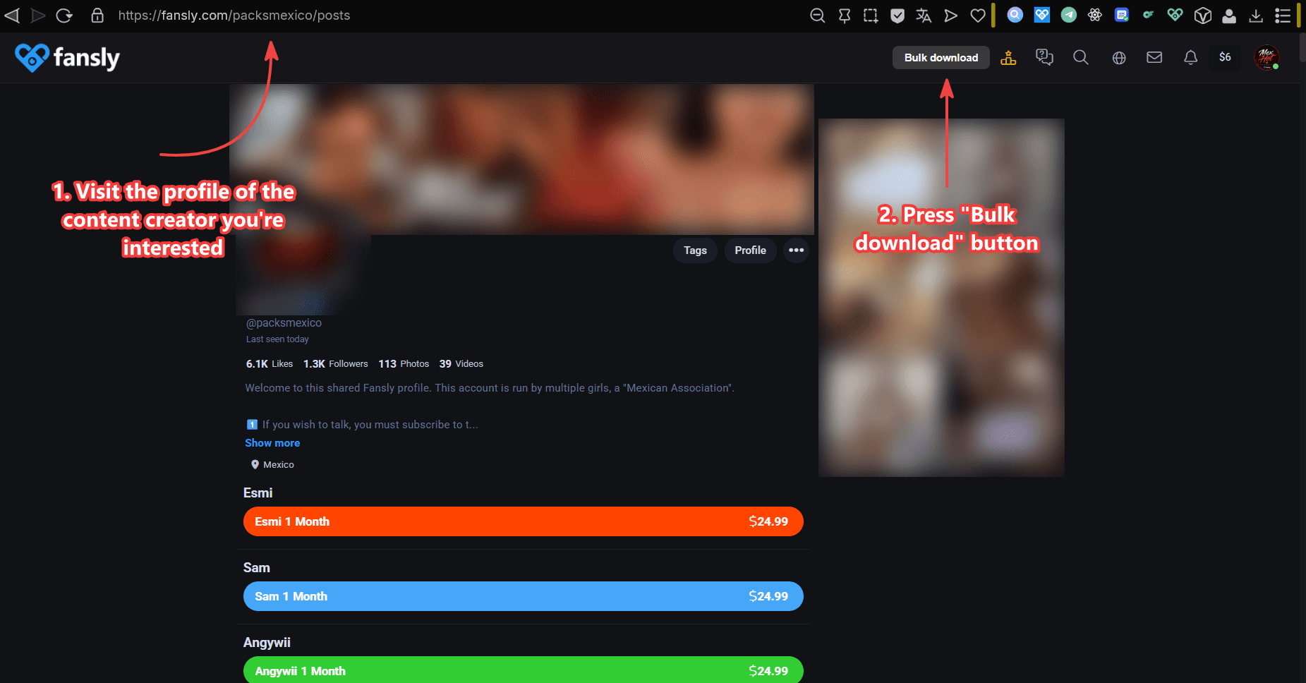 Bulk download button on a Fansly creator profile