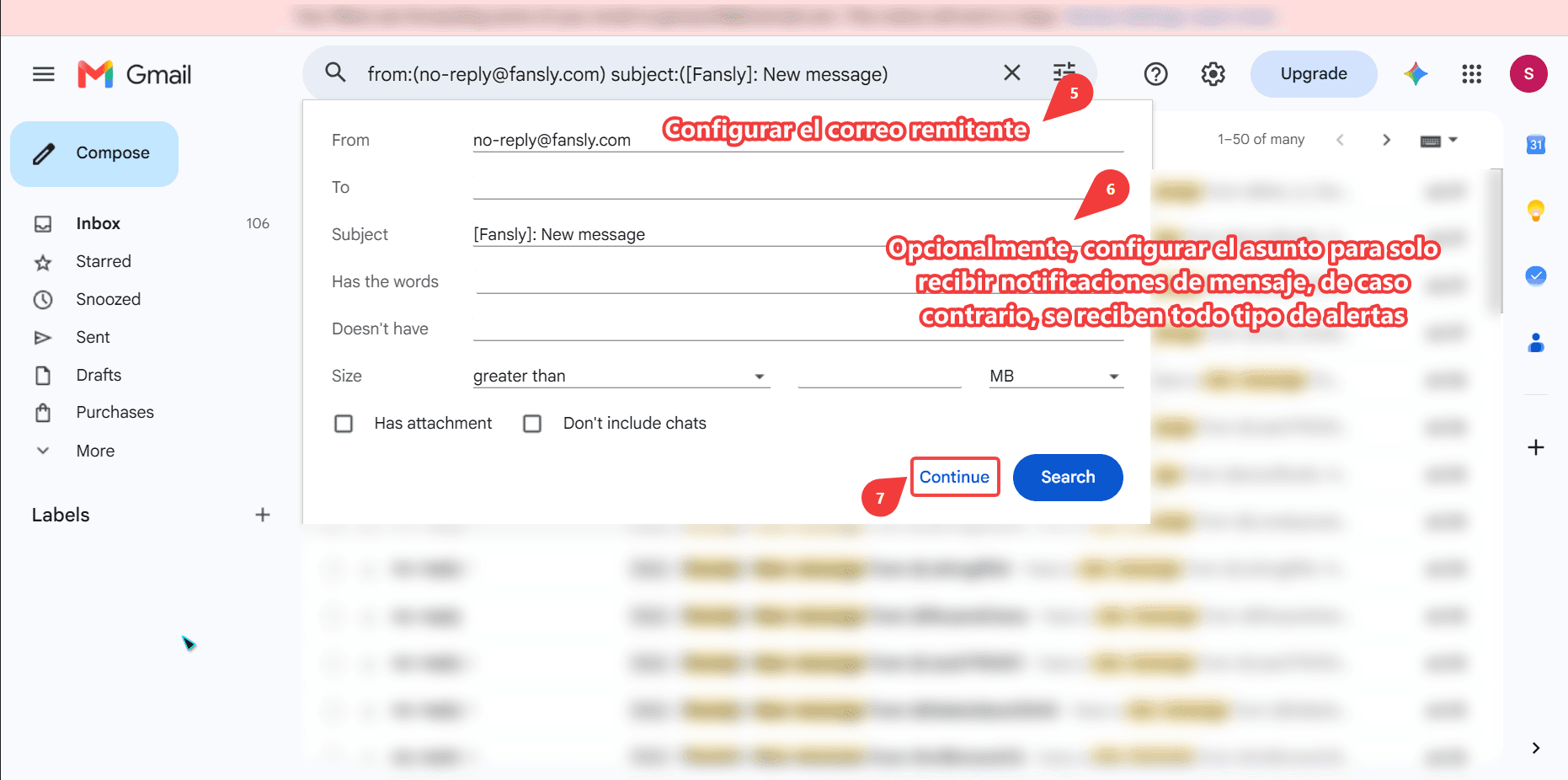 Gmail filter form with From set to no-reply@fansly.com