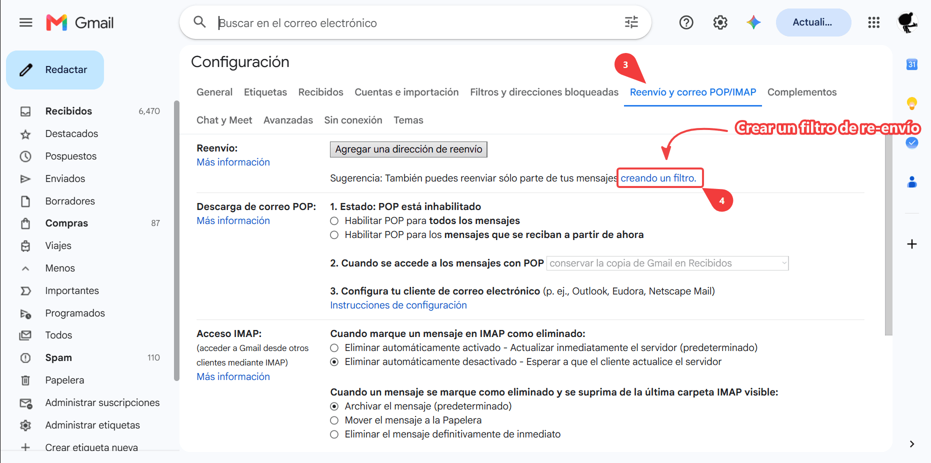 Gmail Forwarding and POP/IMAP settings tab