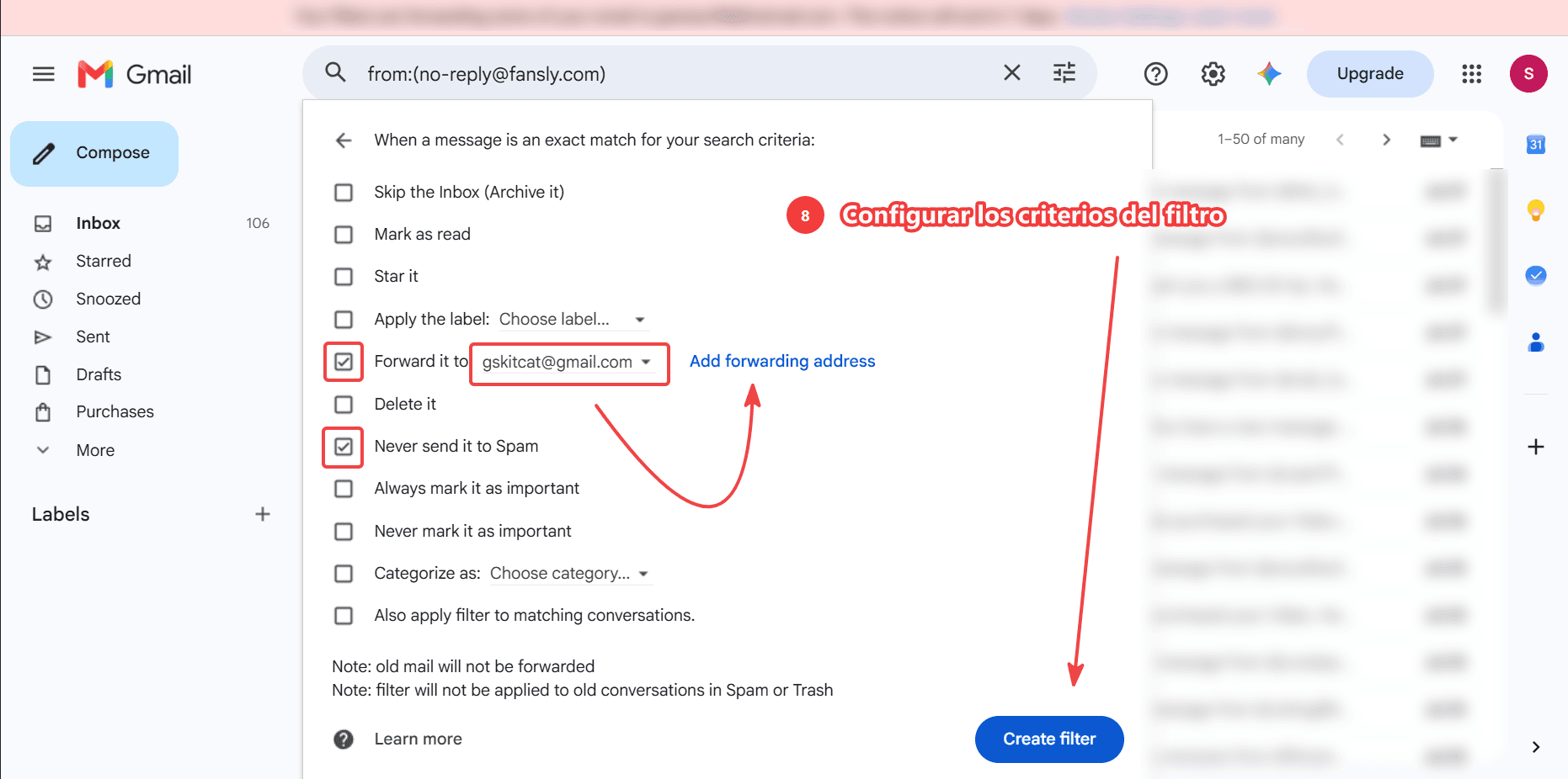 Gmail filter actions with forwarding to the notification inbox enabled