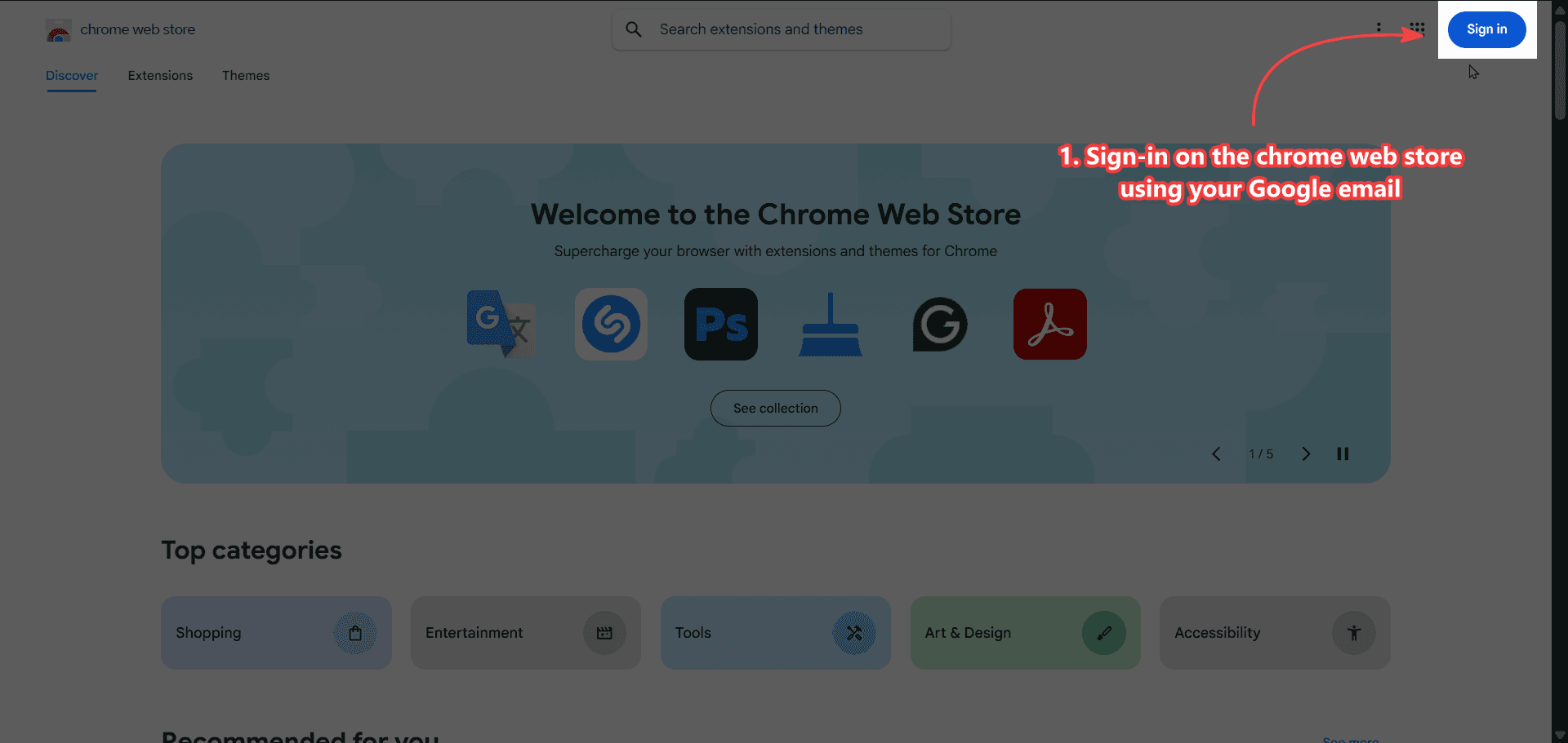 Chrome Web Store homepage with the Sign in button highlighted