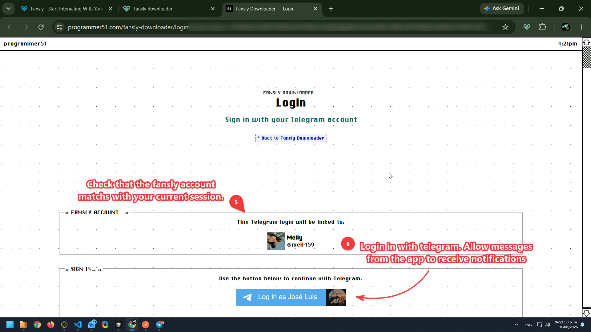 Account confirmation screen before linking Telegram