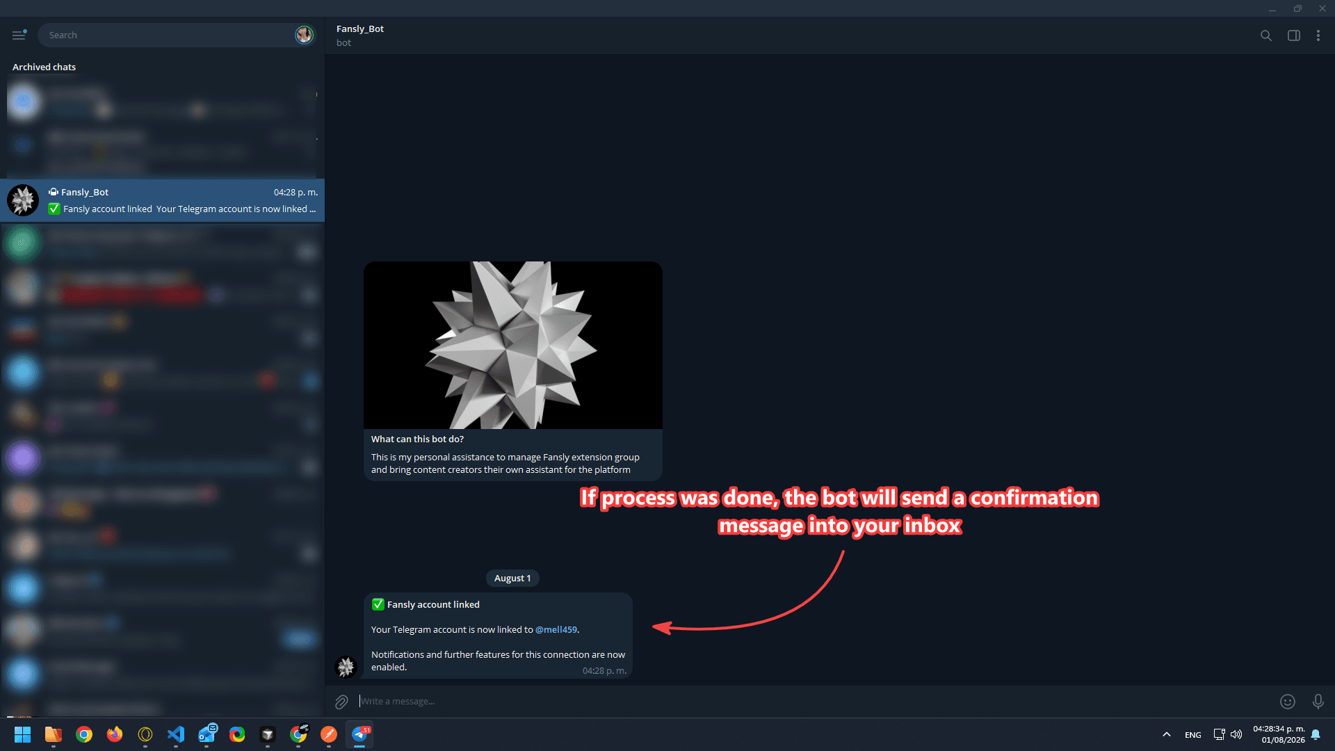 Telegram bot confirmation that a Fansly account was linked